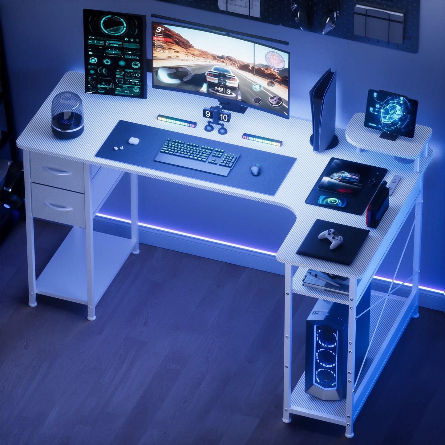 L-Shaped Gaming Desk with Drawers