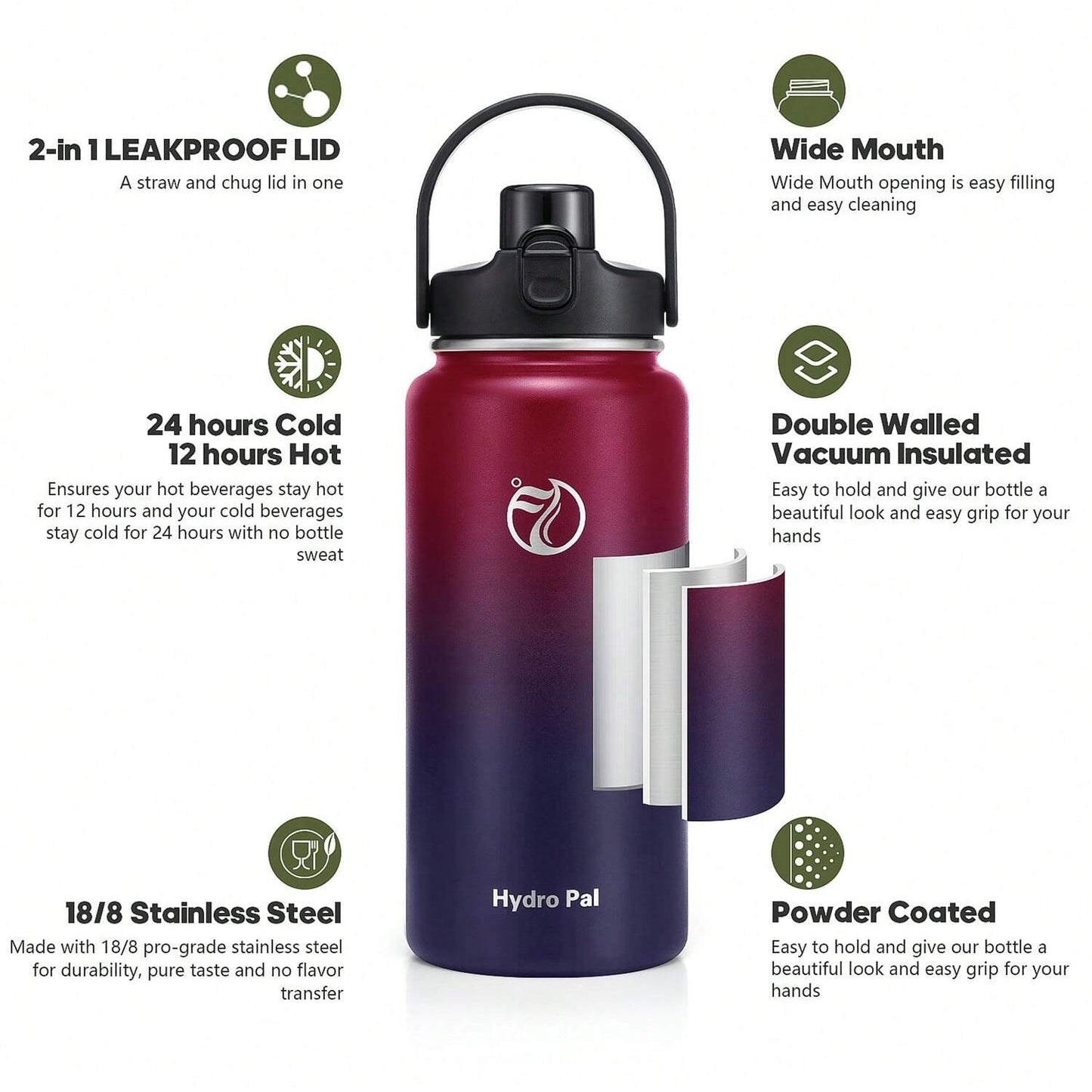 Hydropal Insulated Water Bottle with 2-in-1 Lid