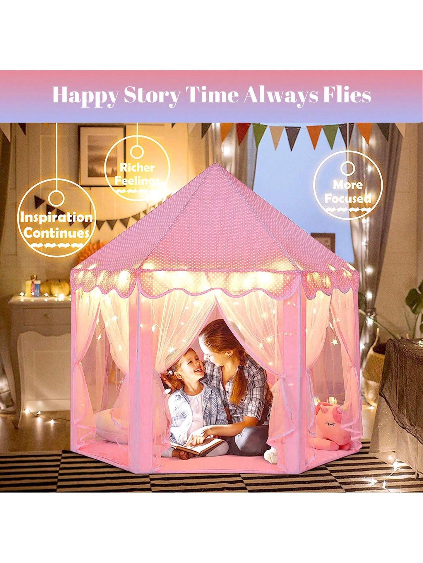Pink Princess Tent For Kids, Kids Tent With LED Lights, Dream Castle Tent For Toddler Play