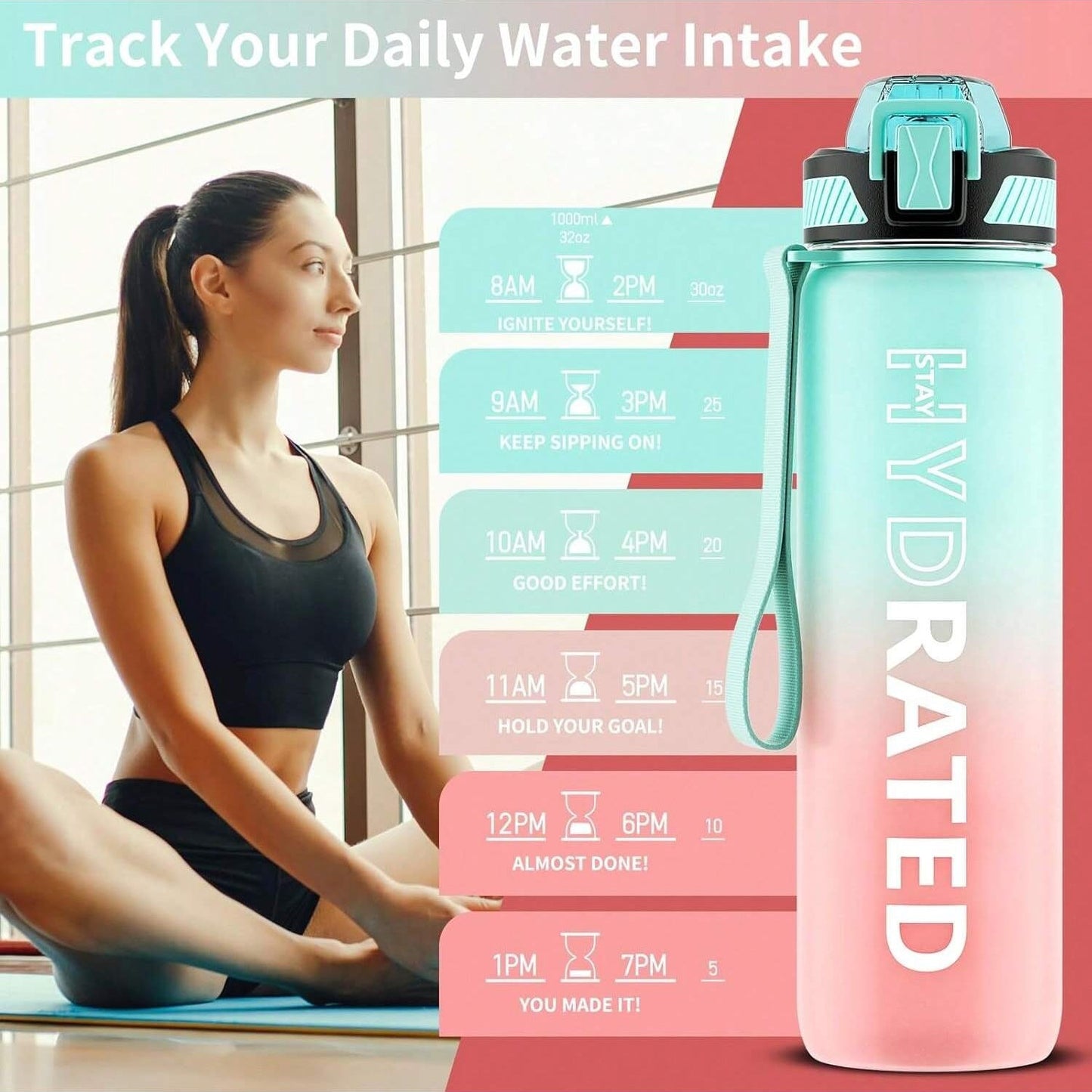 QLUR 32oz Motivational Water Bottle - Green and Pink