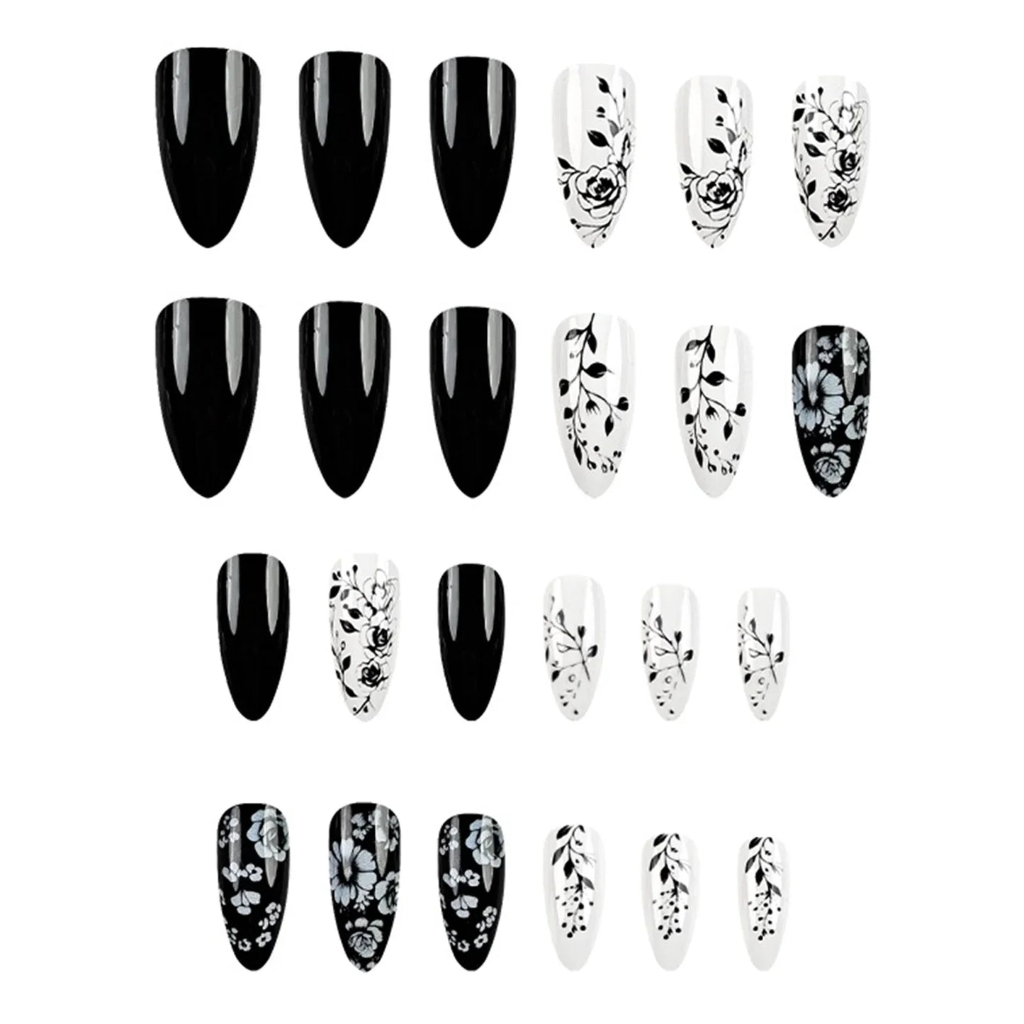 Black White Floral Almond Nails