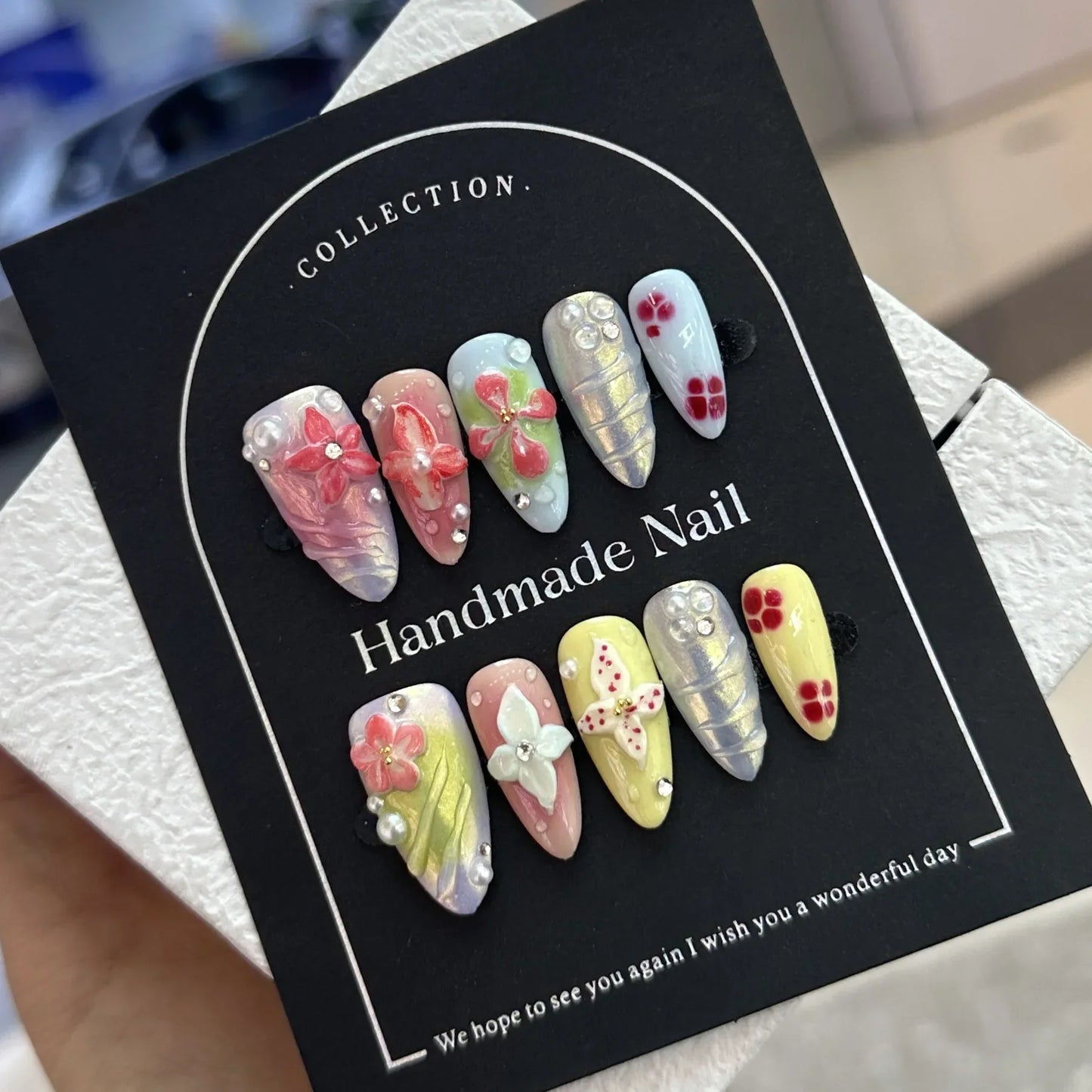 Gradient Green Floral Almond Nails