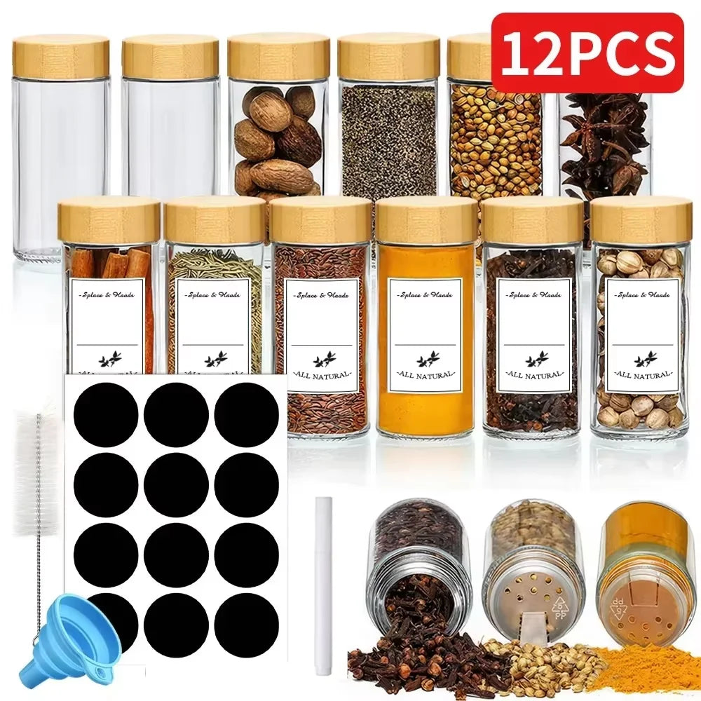 12pcs Glass Spice Jars with Bamboo Lids