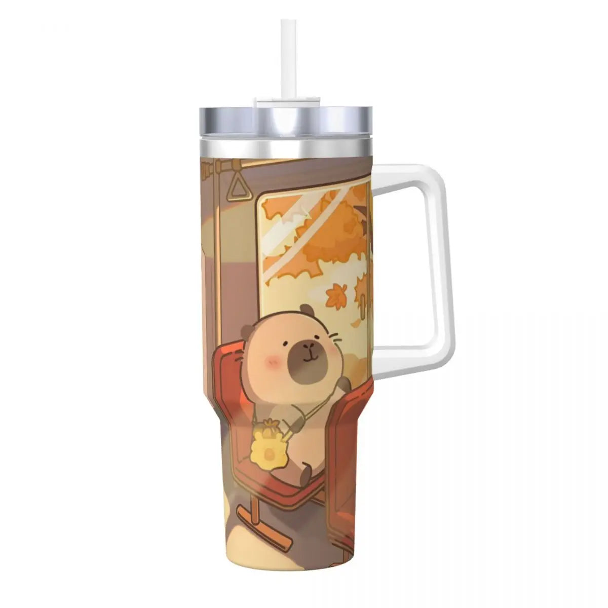 Tumbler with a cartoon bear design on a white background