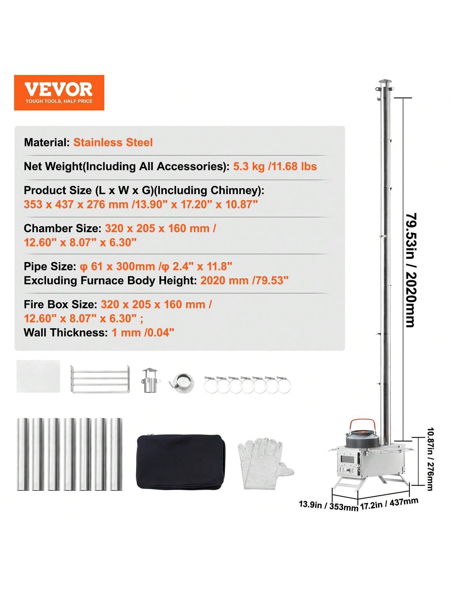 VEVOR Camping Wood Stove Stainless Steel Camping Tent Stove