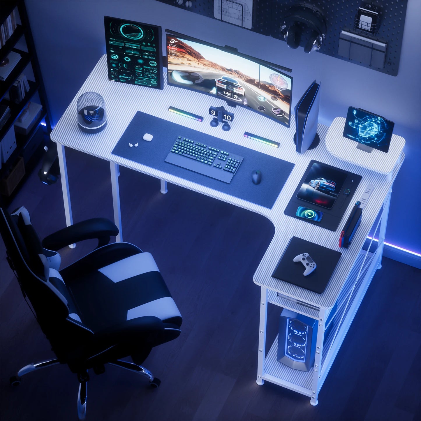 L-Shaped Gaming Desk with Drawers