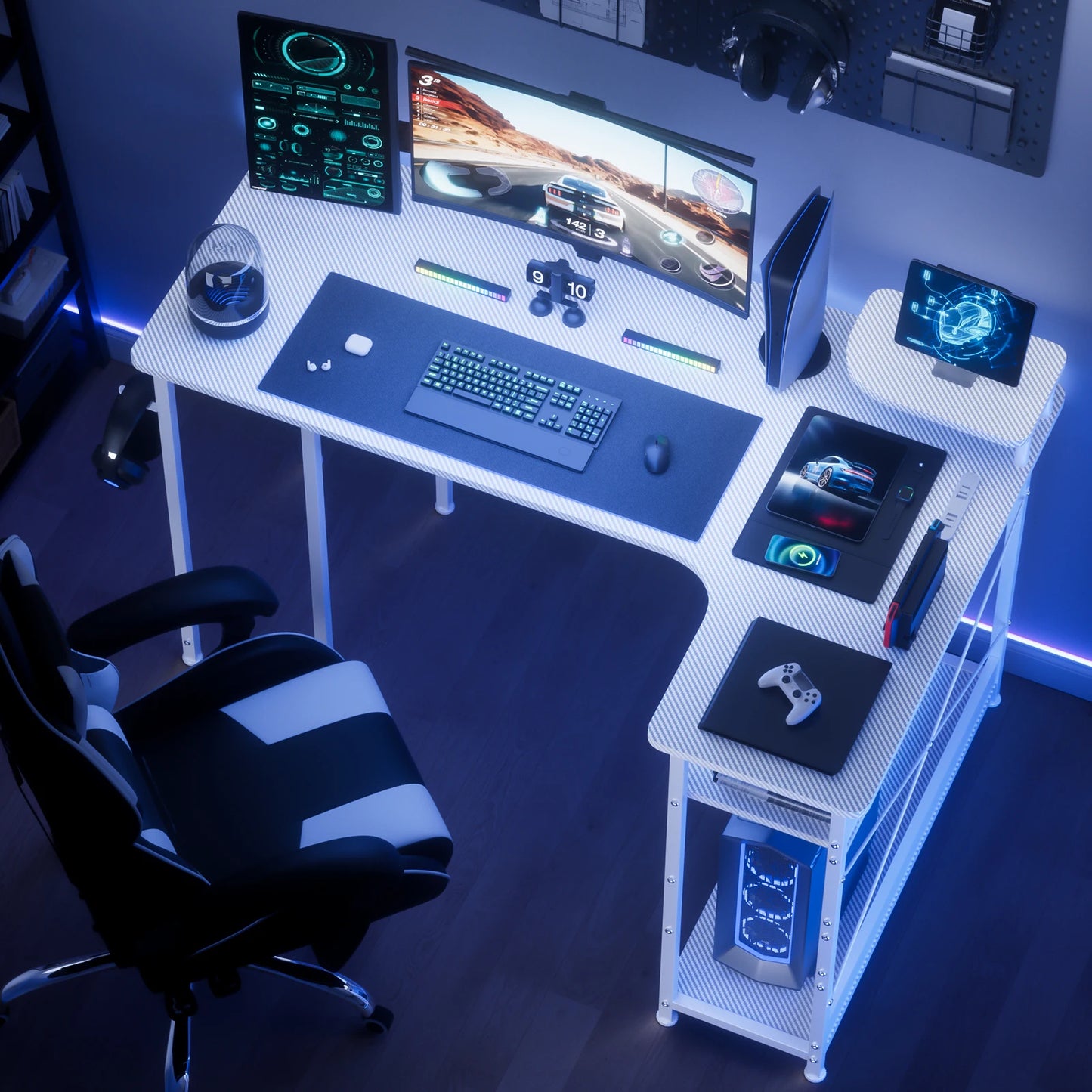 L-Shaped Gaming Desk with Drawers