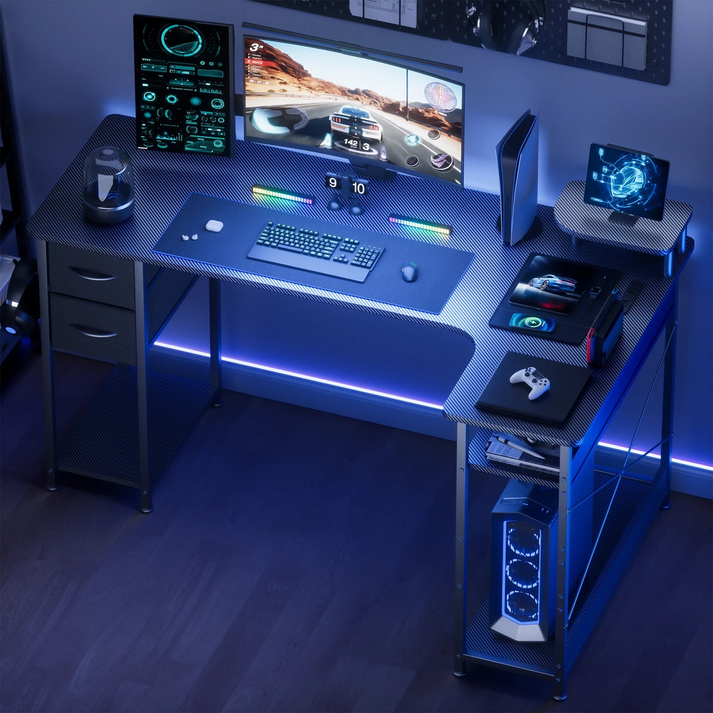 L-Shaped Gaming Desk with Drawers