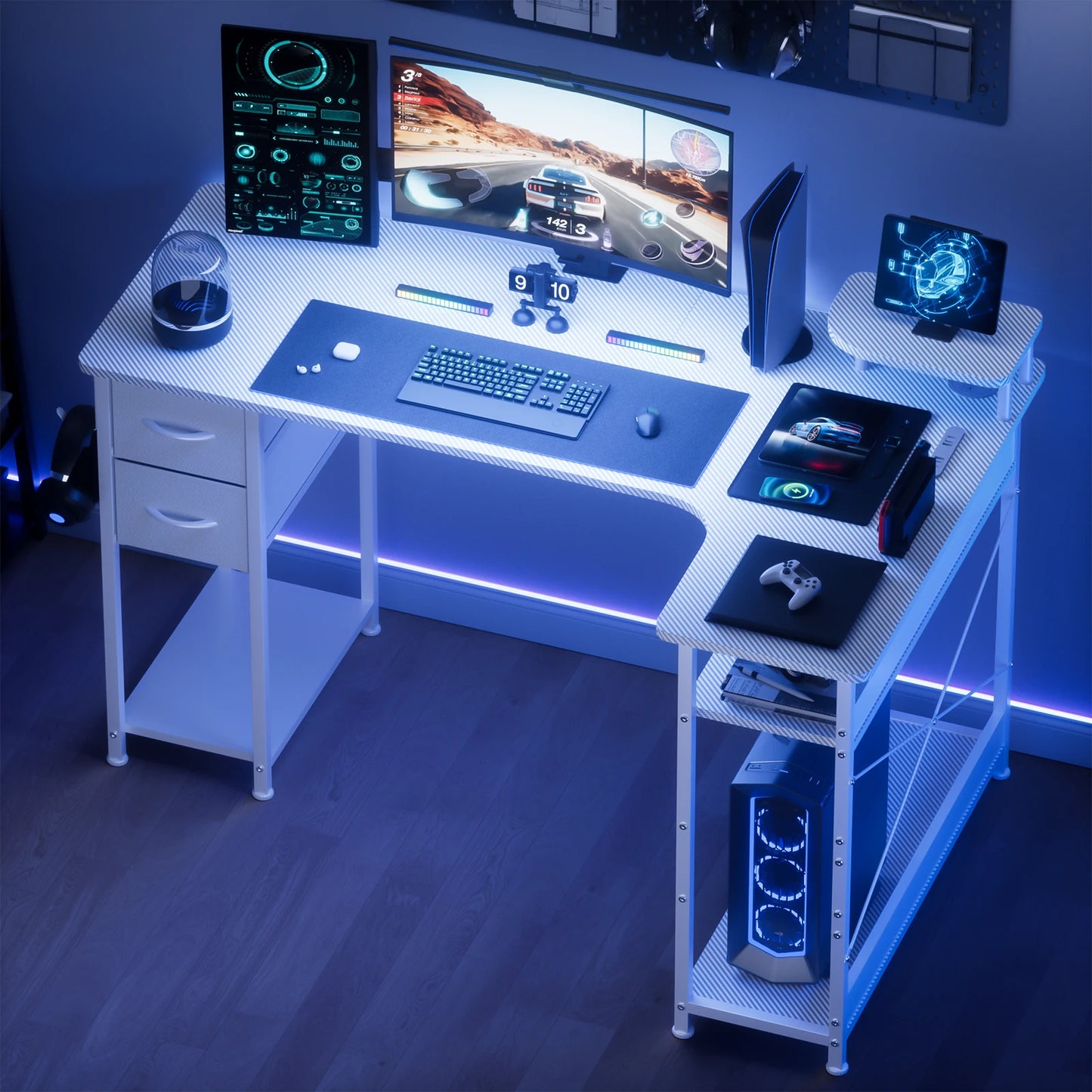 L-Shaped Gaming Desk with Drawers