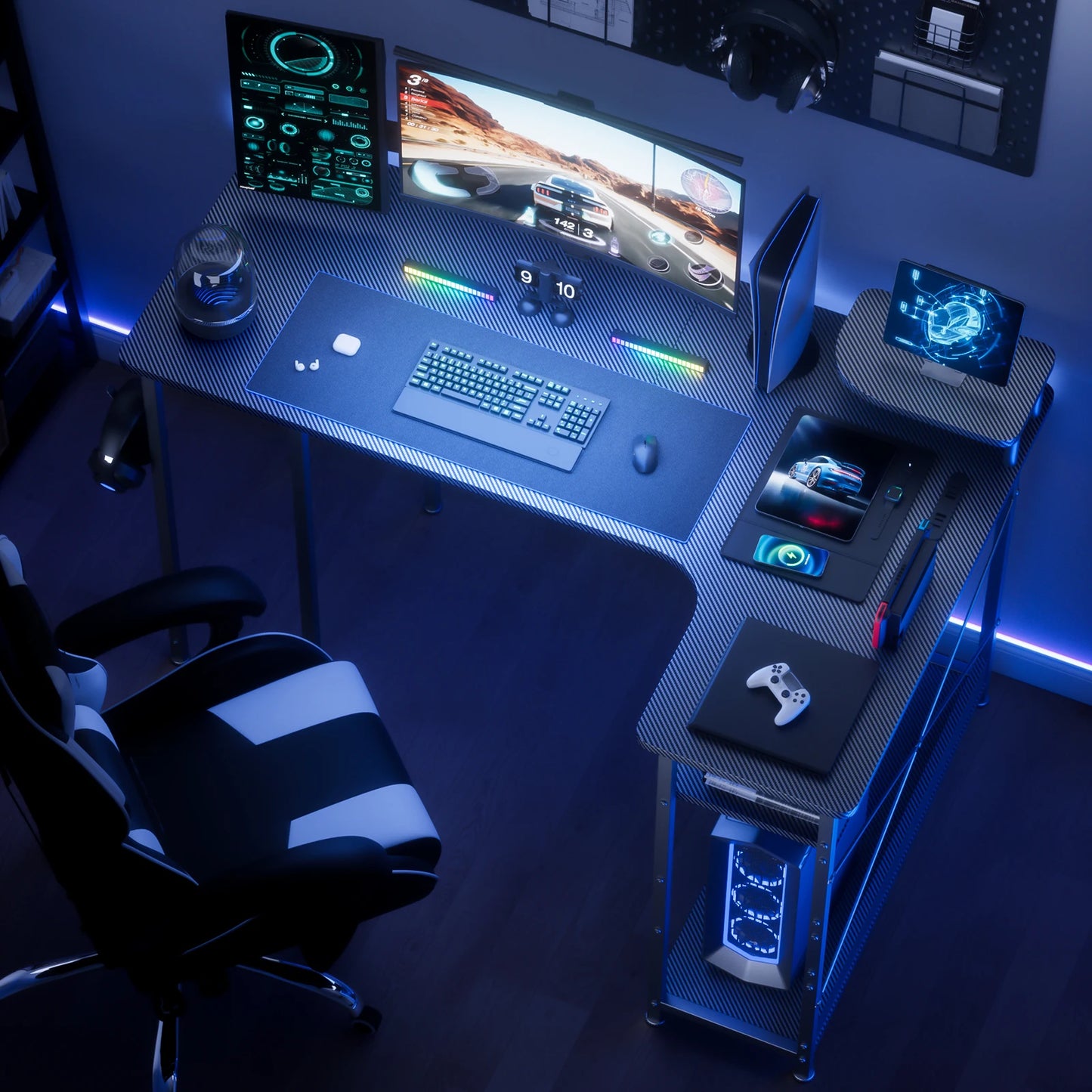 L-Shaped Gaming Desk with Drawers