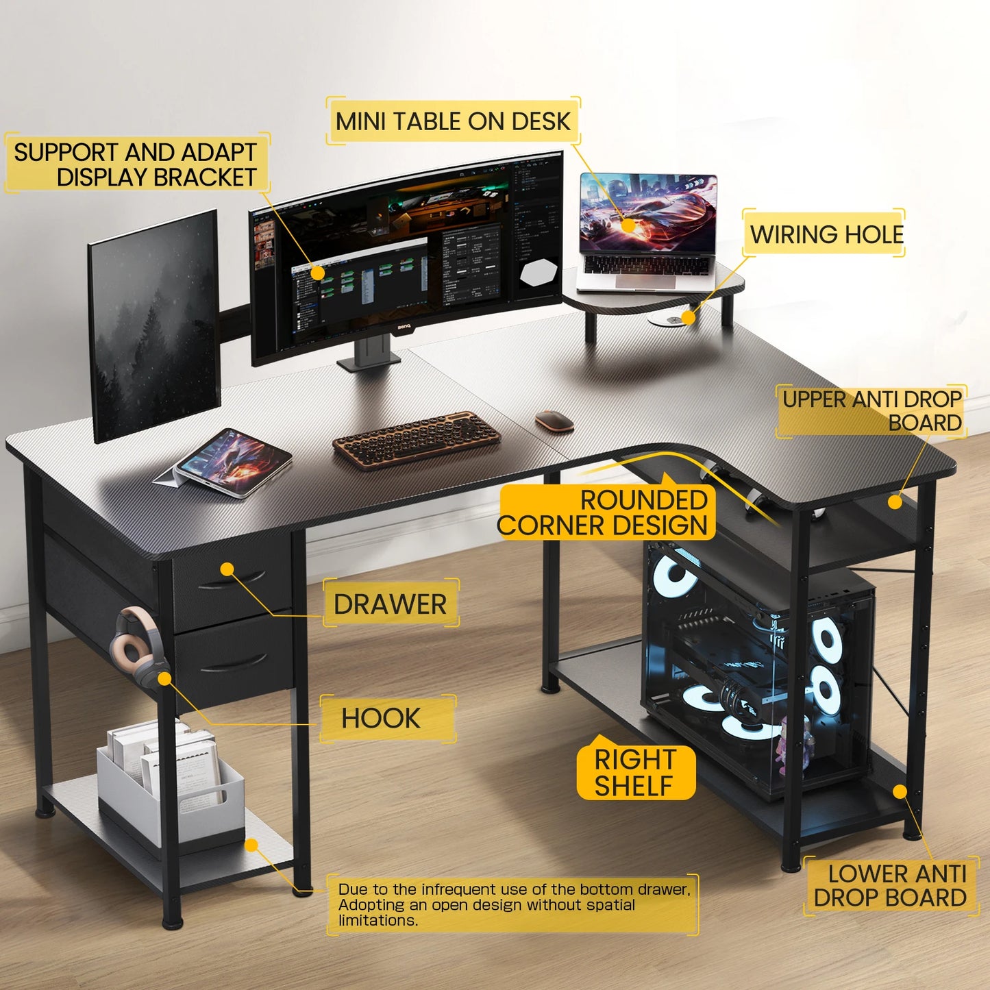 L-Shaped Gaming Desk with Drawers
