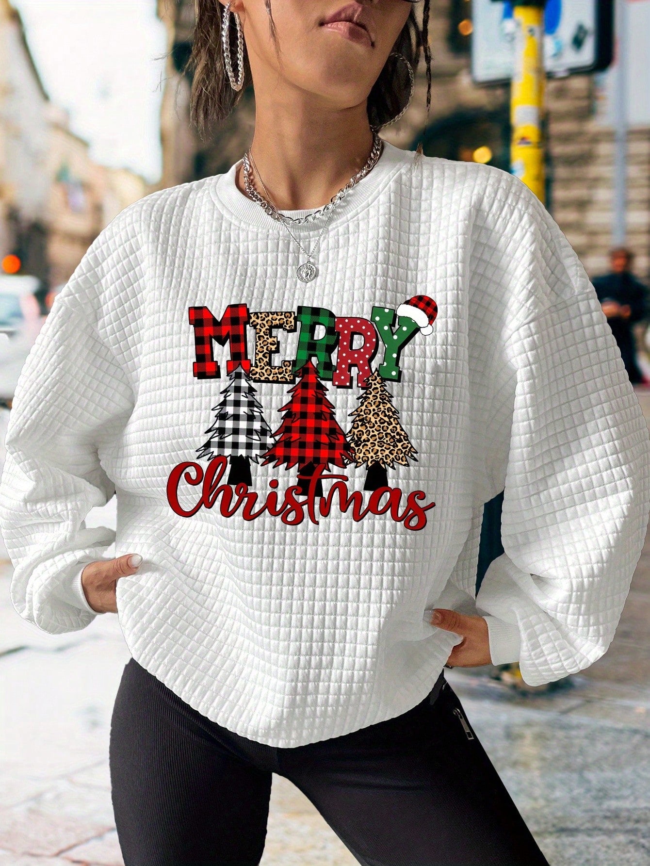 Happy Christmas Printed Casual Sports Waffle Knit Sweatshirt