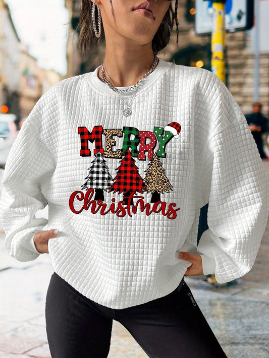 Happy Christmas Printed Casual Sports Waffle Knit Sweatshirt