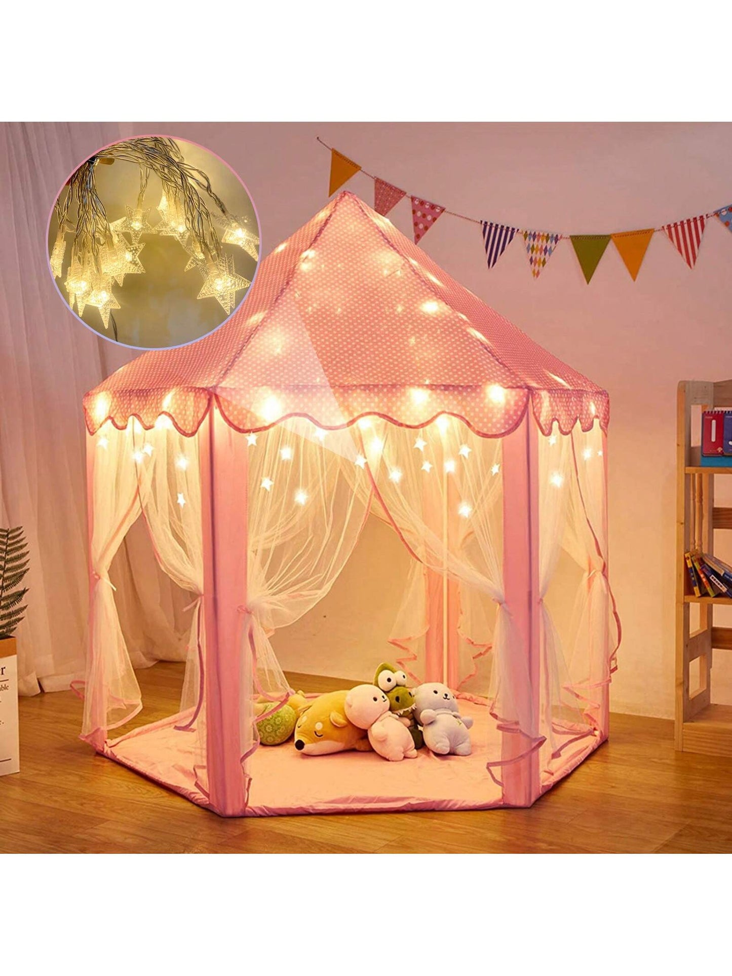 Pink Princess Tent For Kids, Kids Tent With LED Lights, Dream Castle Tent For Toddler Play