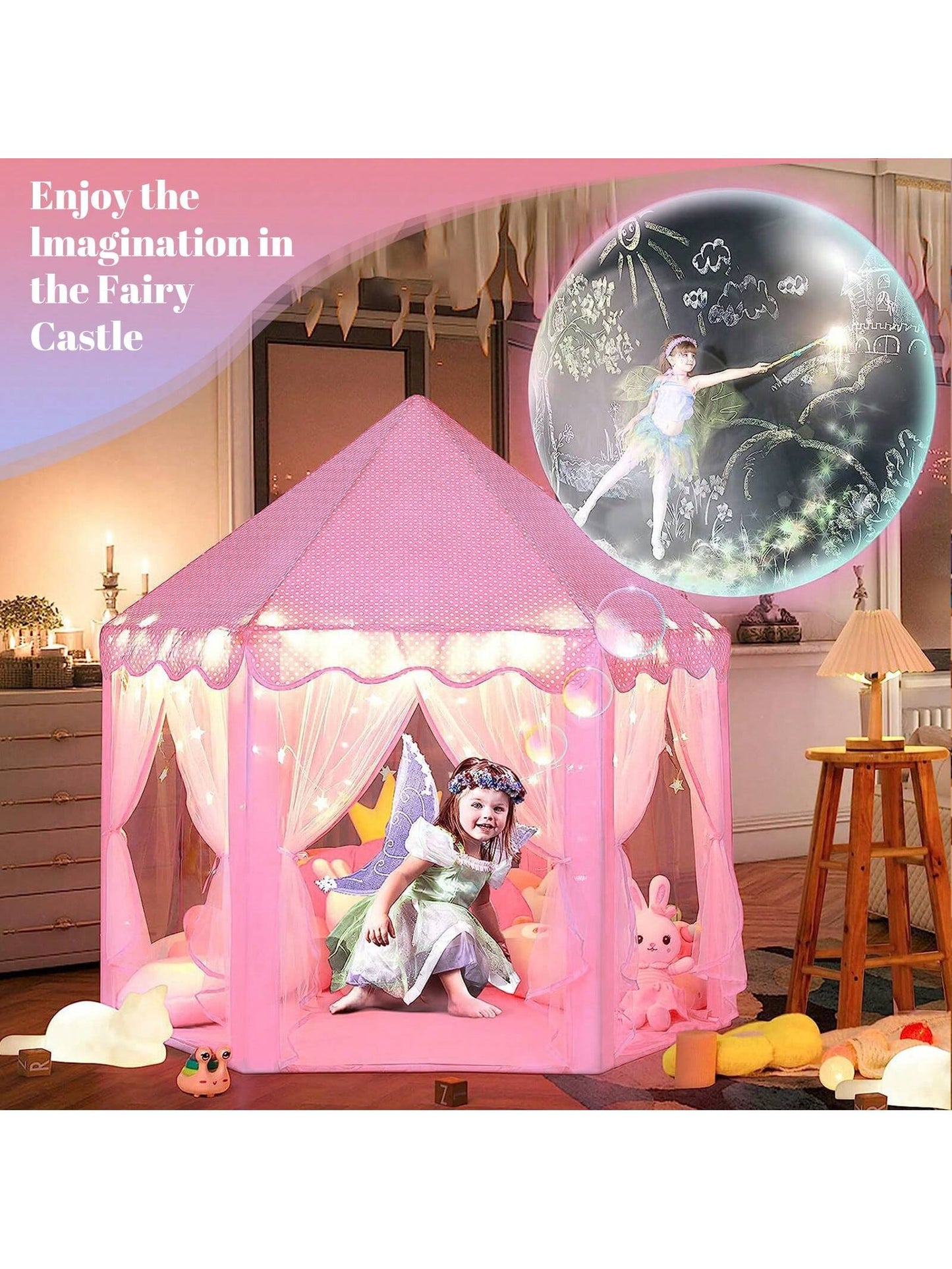 Pink Princess Tent For Kids, Kids Tent With LED Lights, Dream Castle Tent For Toddler Play