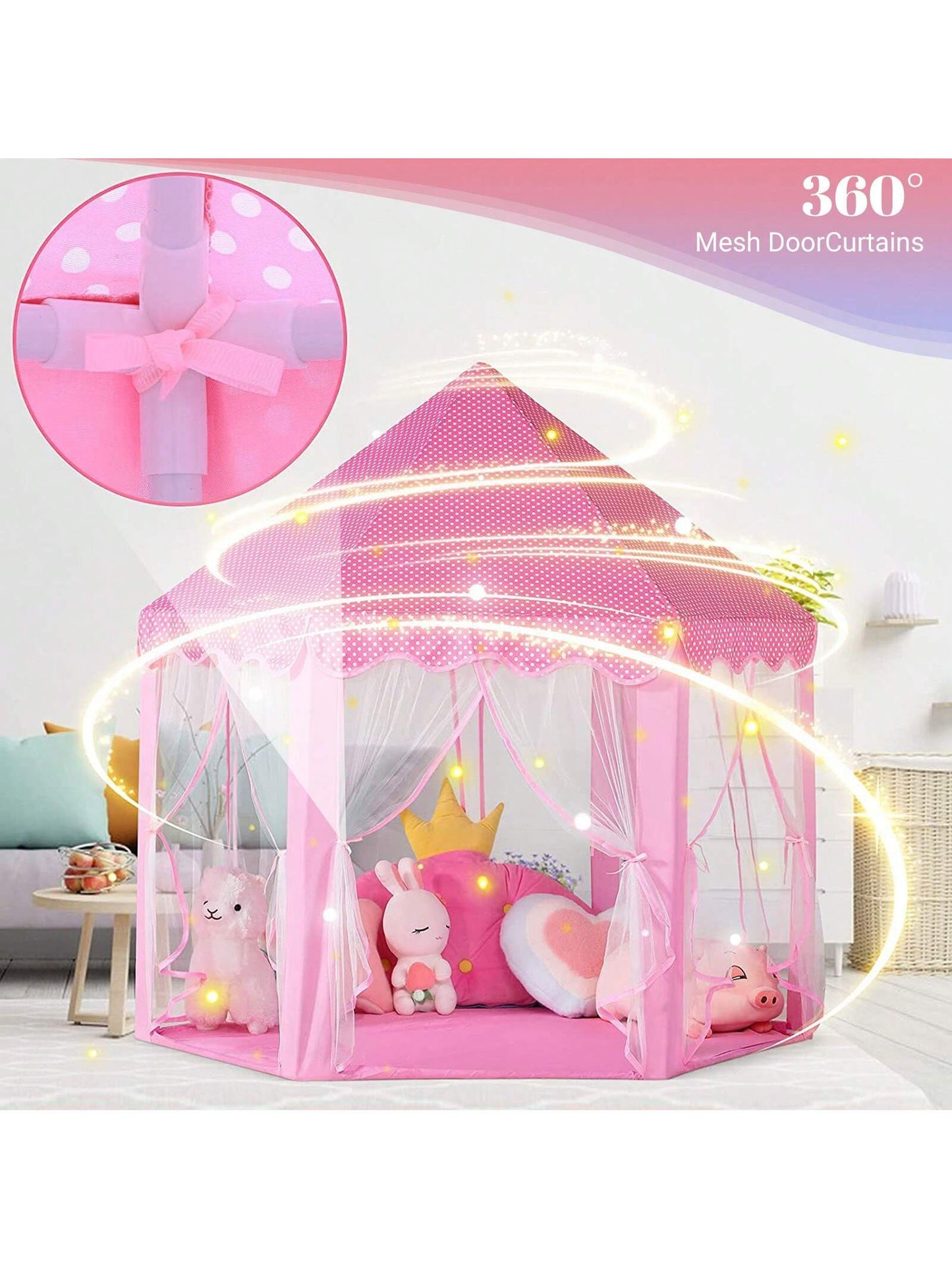 Pink Princess Tent For Kids, Kids Tent With LED Lights, Dream Castle Tent For Toddler Play