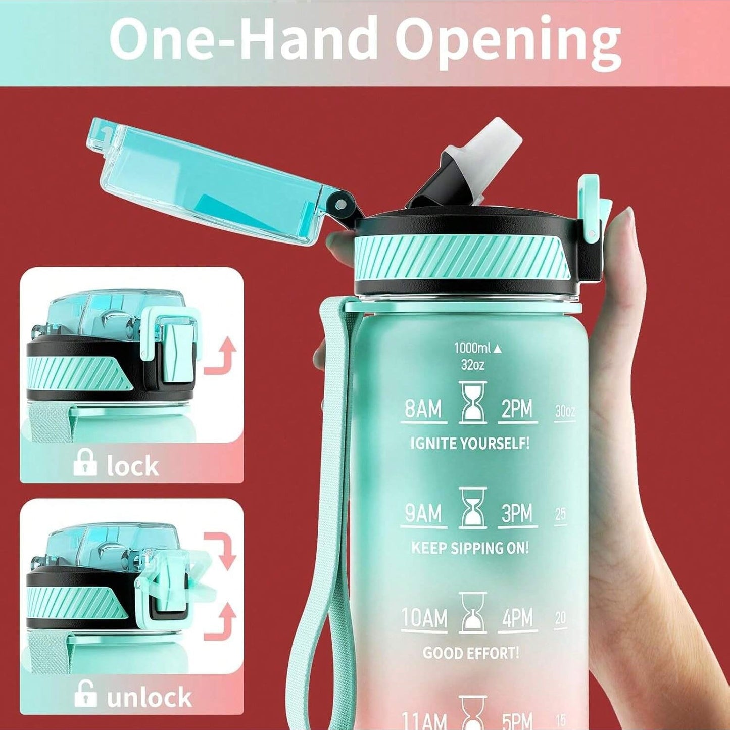 QLUR 32oz Motivational Water Bottle - Green and Pink