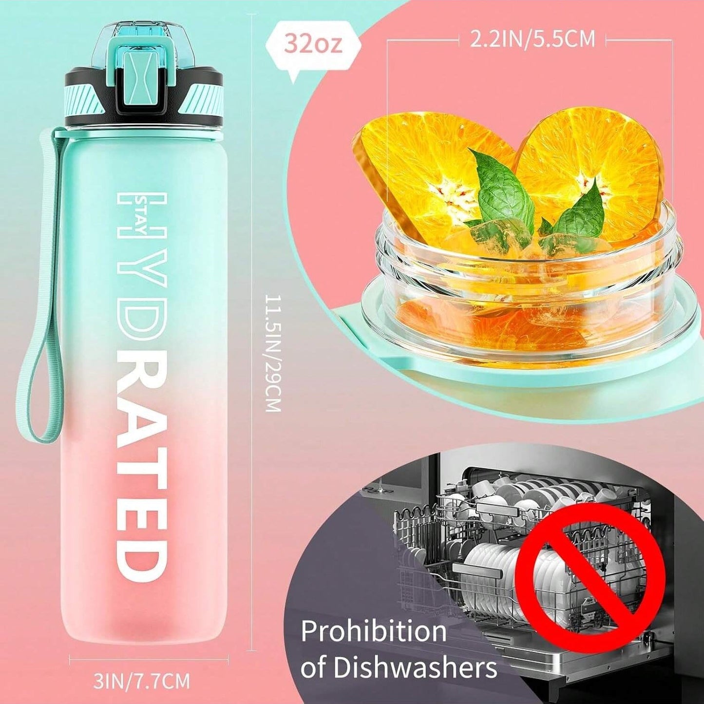 QLUR 32oz Motivational Water Bottle - Green and Pink