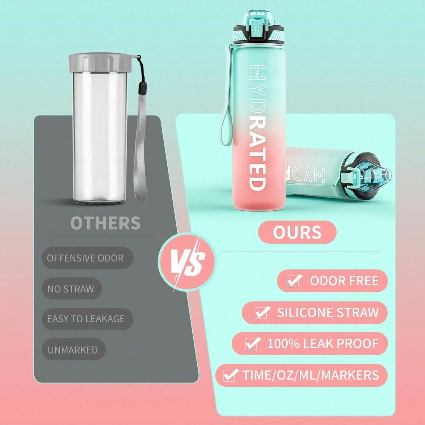 QLUR 32oz Motivational Water Bottle - Green and Pink