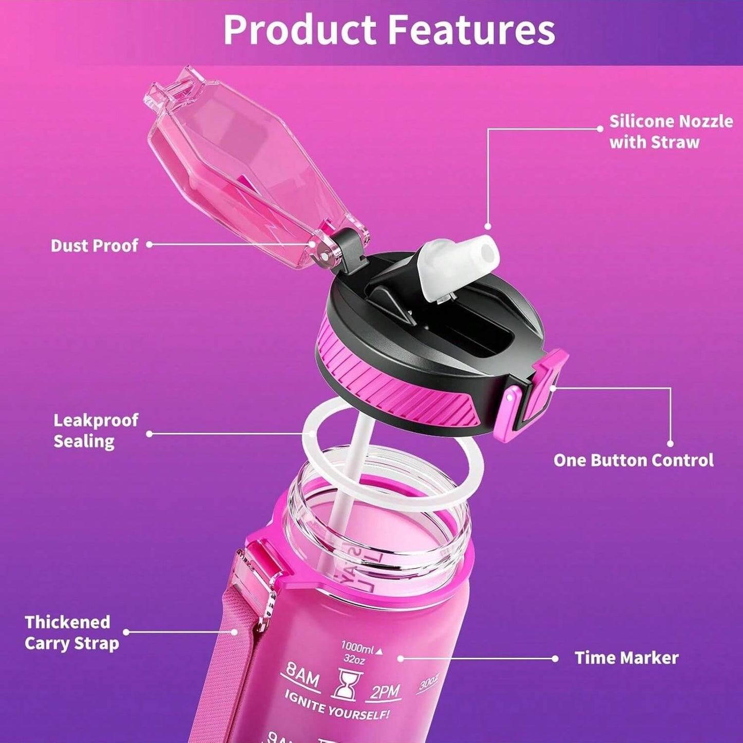 QLUR 32oz Motivational Bottle - Purple Rose