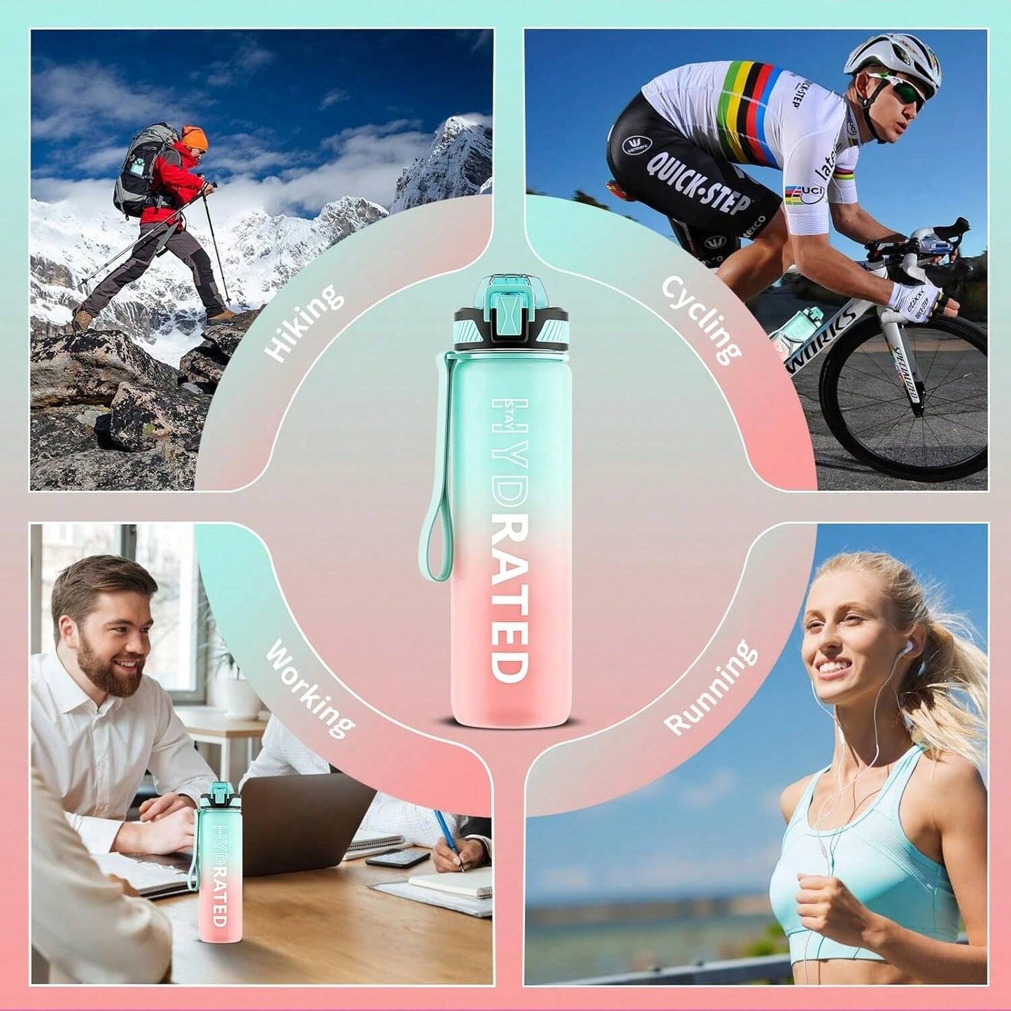 QLUR 32oz Motivational Water Bottle - Green and Pink