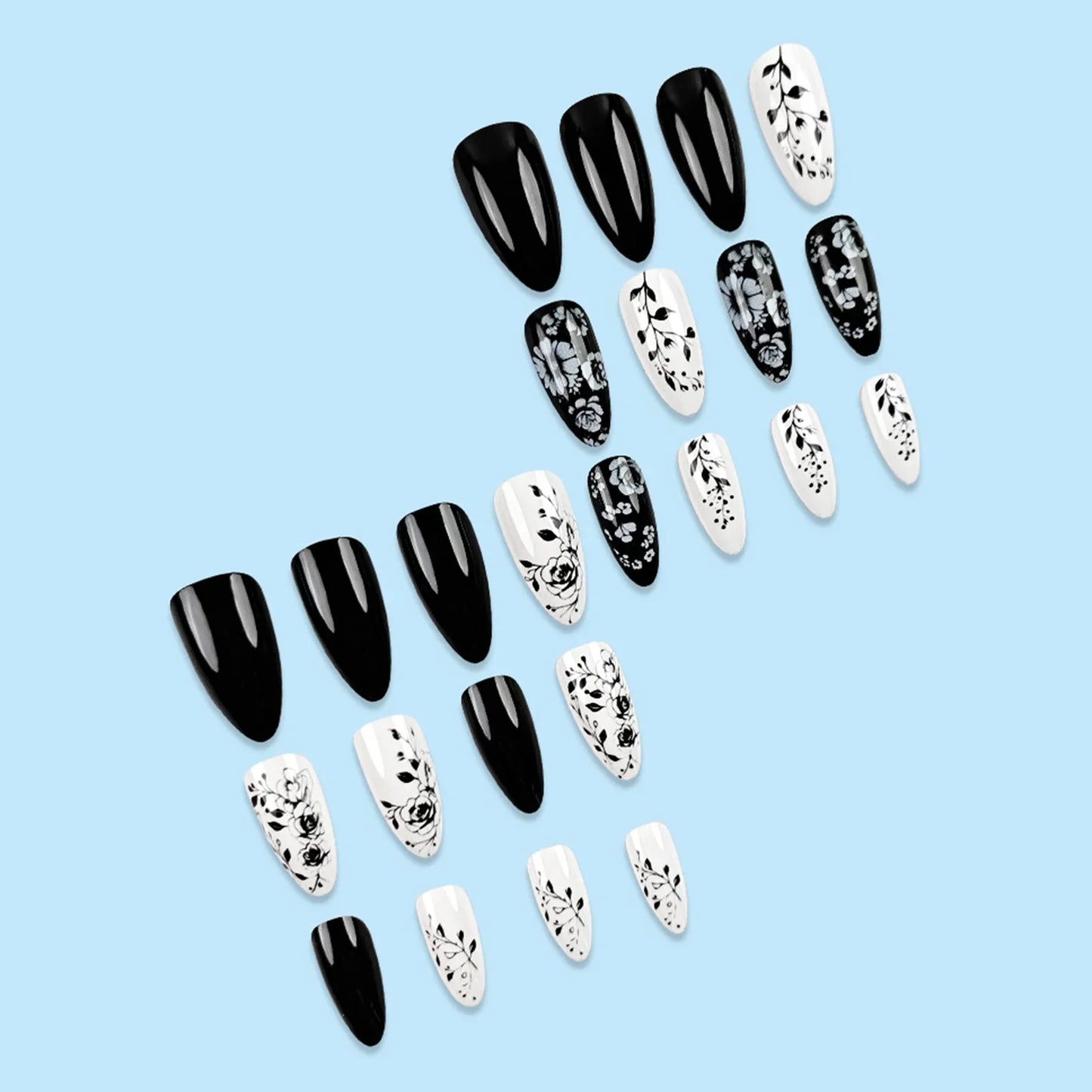 Black White Floral Almond Nails