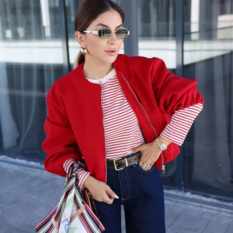 MUJER Red Cropped Bomber Jacket
