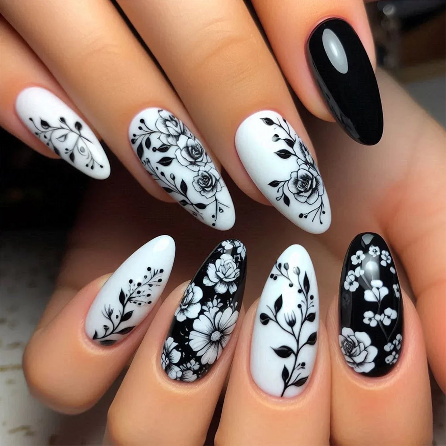 Black White Floral Almond Nails