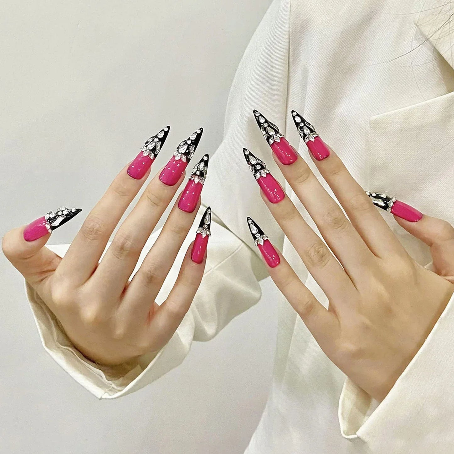 Black French Rhinestone Almond Nails