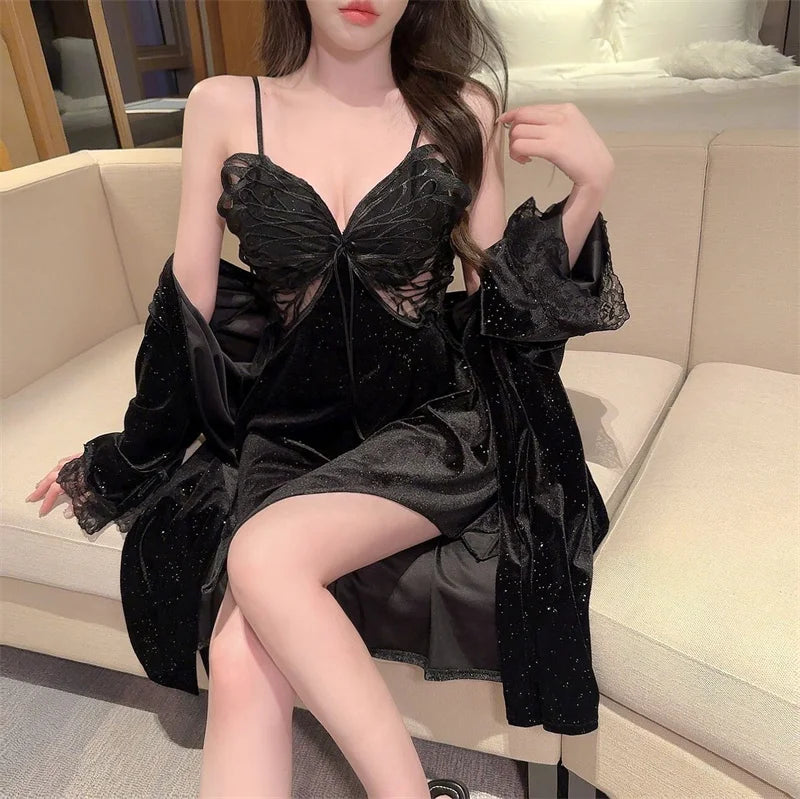 Summer Sling Lace Women's Underwear Two-Pieces Set Satin Silk Sleepwear Butterfly Embroidery Backless Nightdress