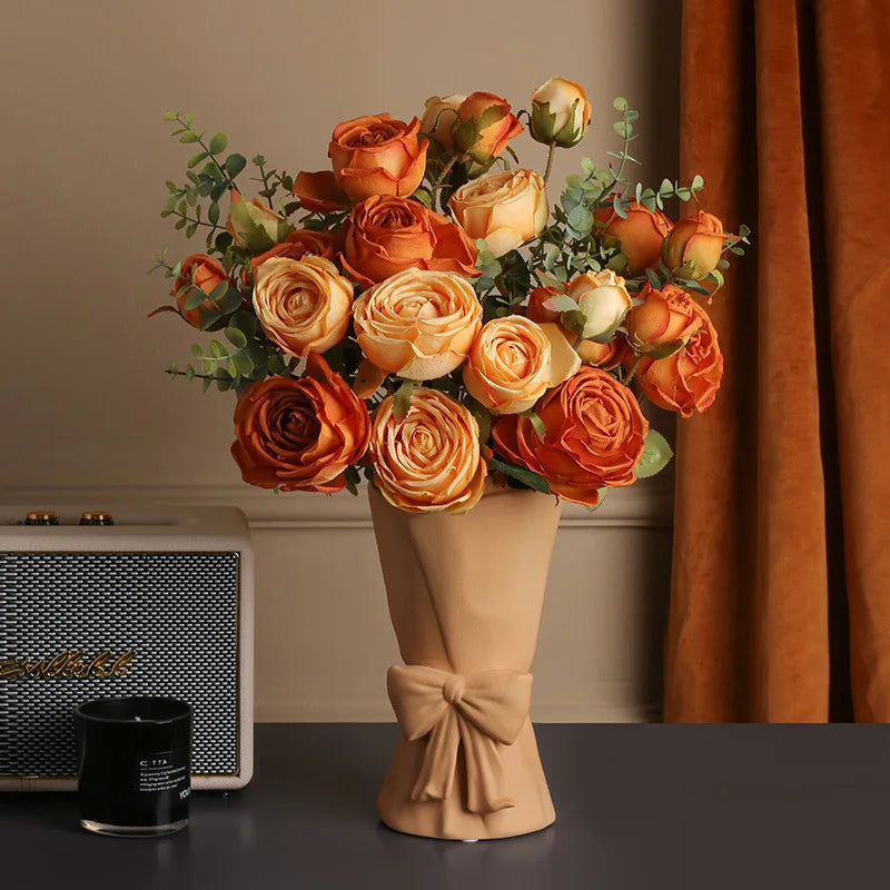 Green Aloes Silk Caramel Rose Bouquet