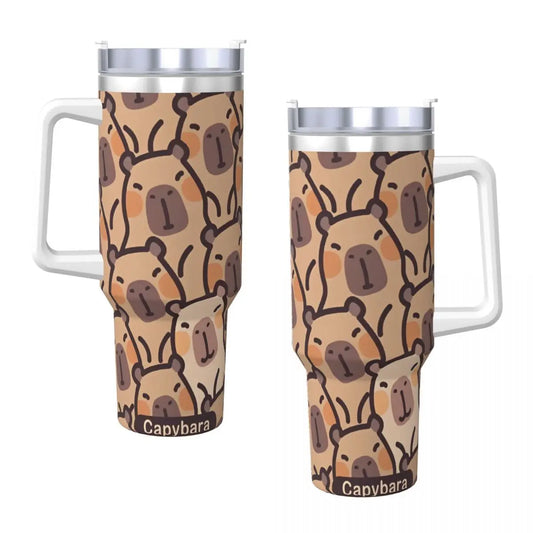 Two travel mugs with capybara pattern on a white background
