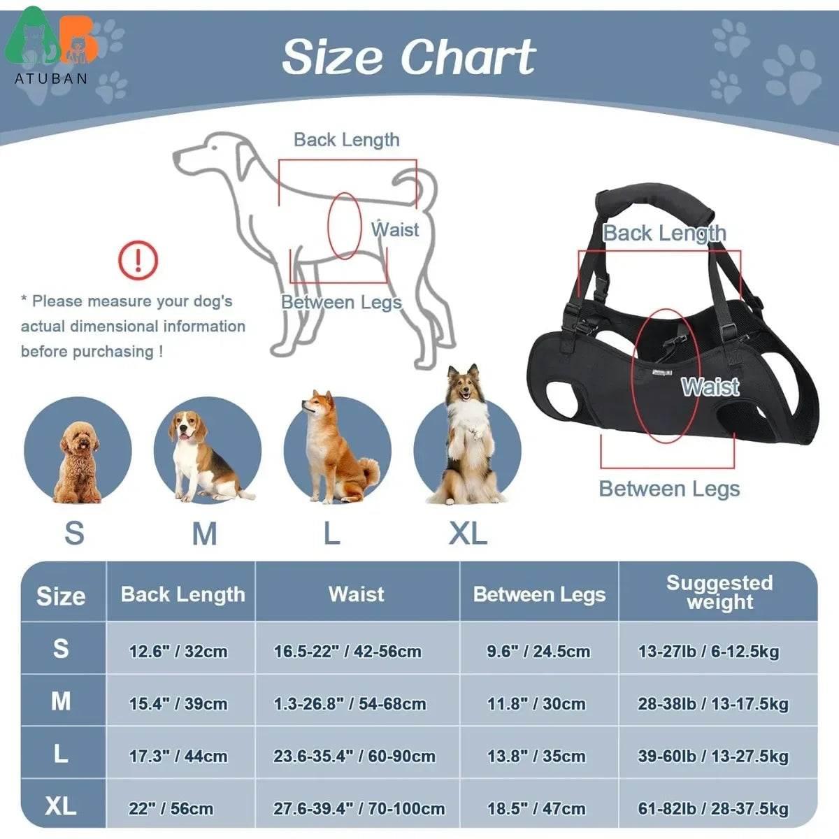 ATUBAN Adjustable Dog Lift Harness