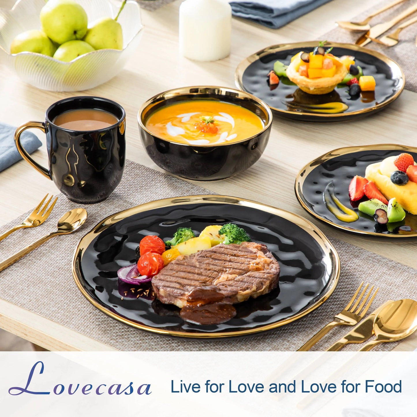 LOVECASA Black Gold Dinnerware Set