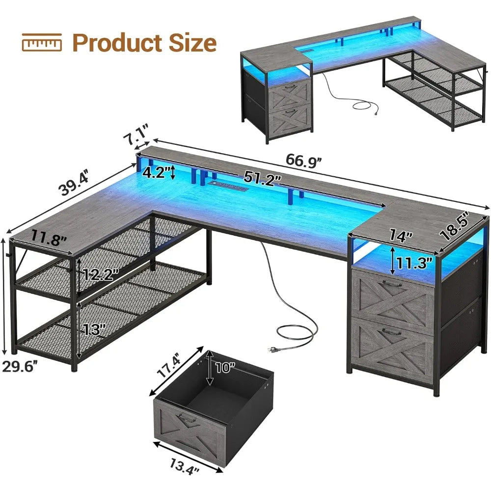 FEICHENG 67" L-Shaped Desk with LED