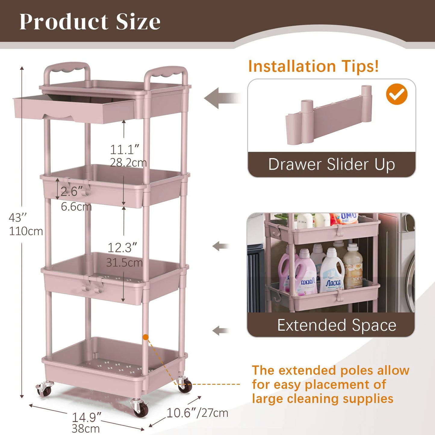 4-Tier Rolling Utility Cart with Drawer