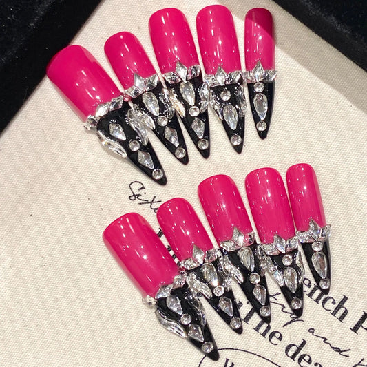 Black French Rhinestone Almond Nails