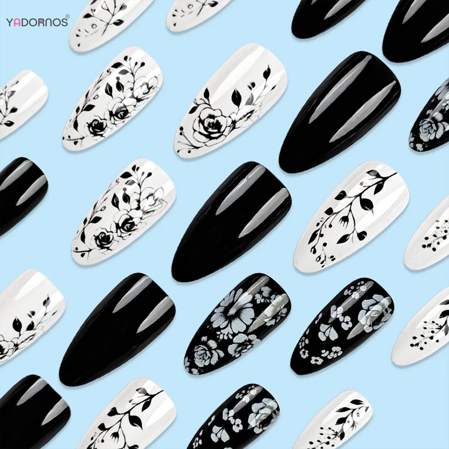 Black White Floral Almond Nails