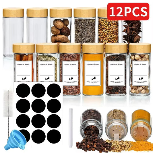 12pcs Glass Spice Jars with Bamboo Lids