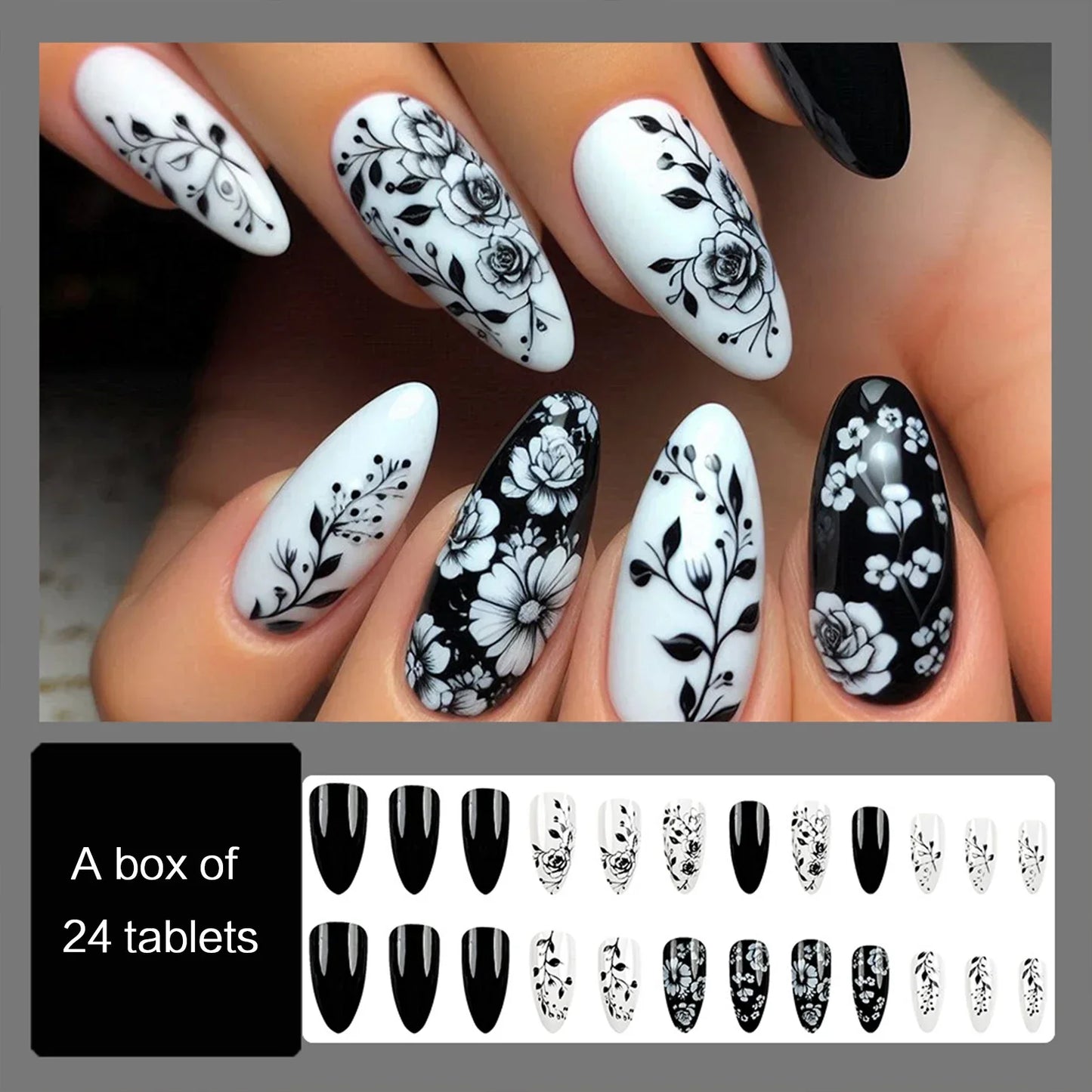 Black White Floral Almond Nails