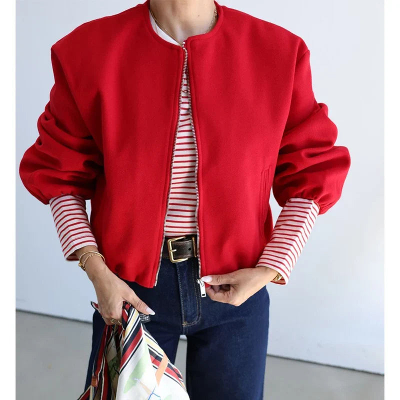 MUJER Red Cropped Bomber Jacket