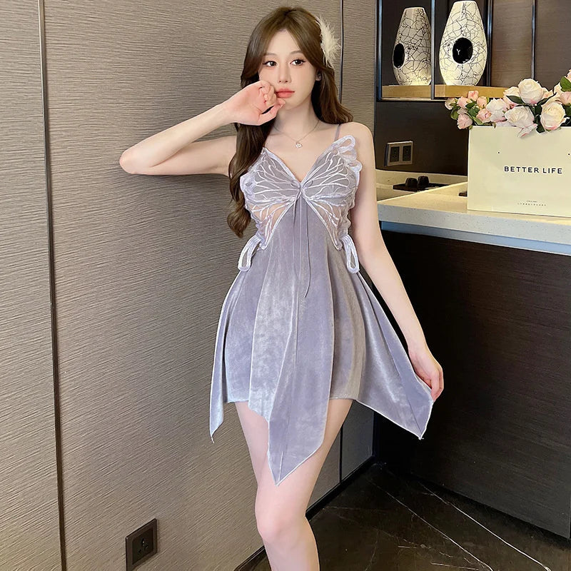 Summer Sling Lace Women's Underwear Two-Pieces Set Satin Silk Sleepwear Butterfly Embroidery Backless Nightdress