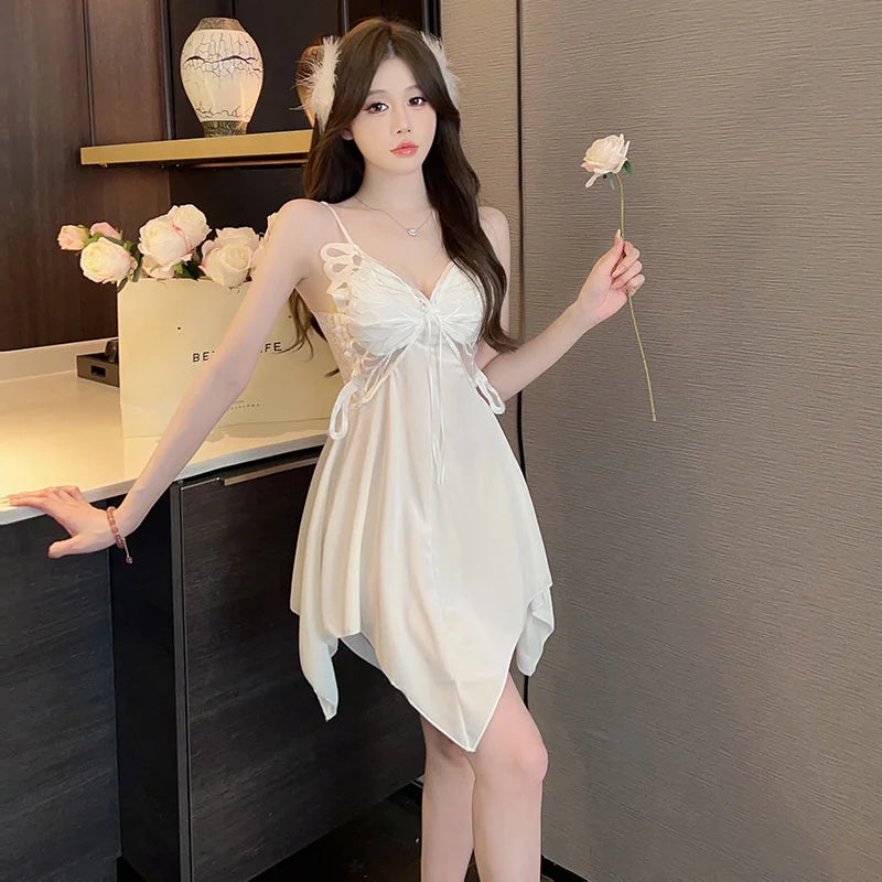 Summer Sling Lace Women's Underwear Two-Pieces Set Satin Silk Sleepwear Butterfly Embroidery Backless Nightdress