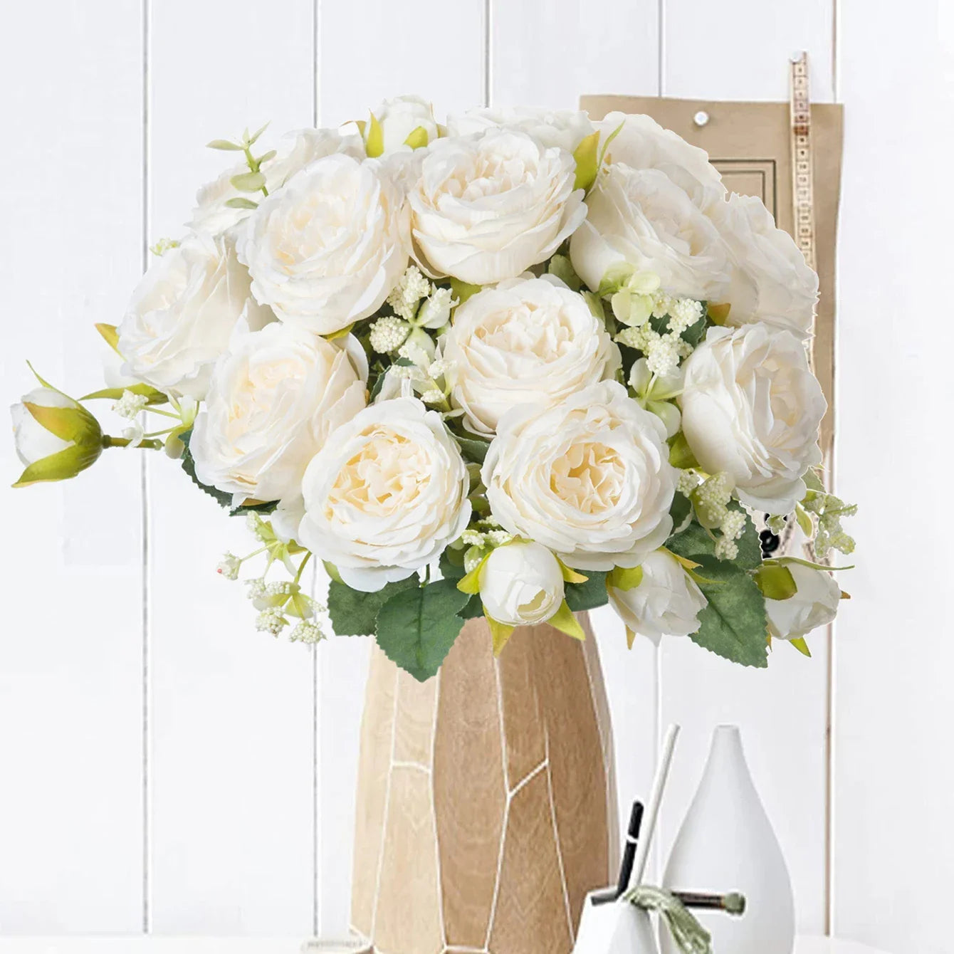 Silk White Peony Flowers