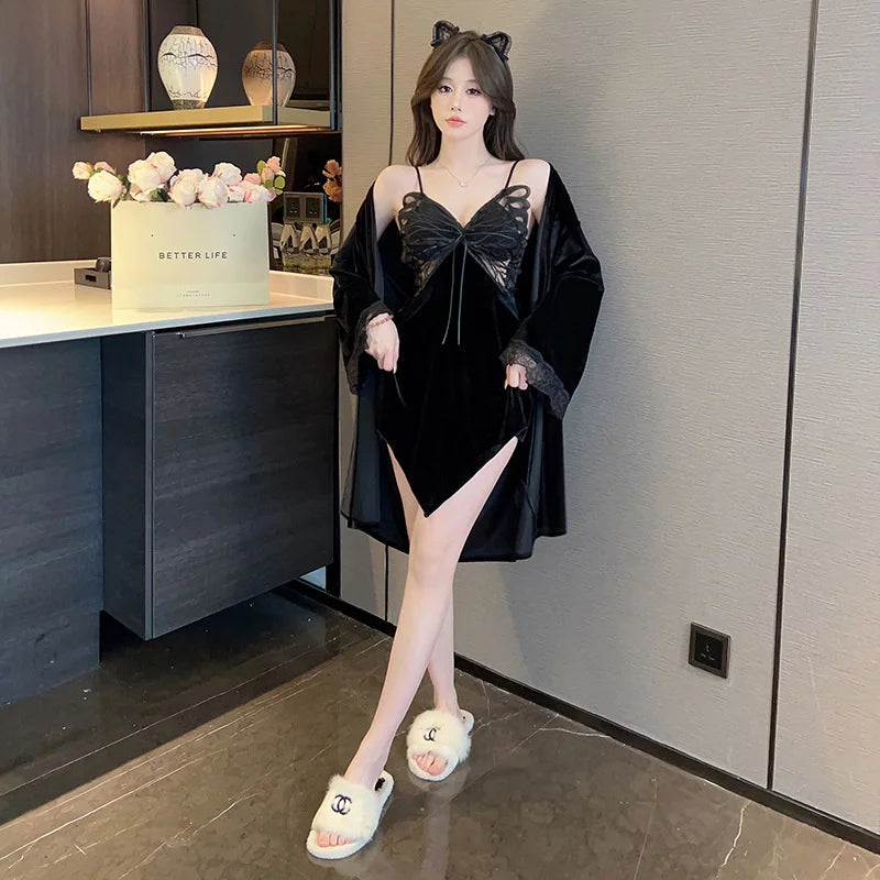 Summer Sling Lace Women's Underwear Two-Pieces Set Satin Silk Sleepwear Butterfly Embroidery Backless Nightdress