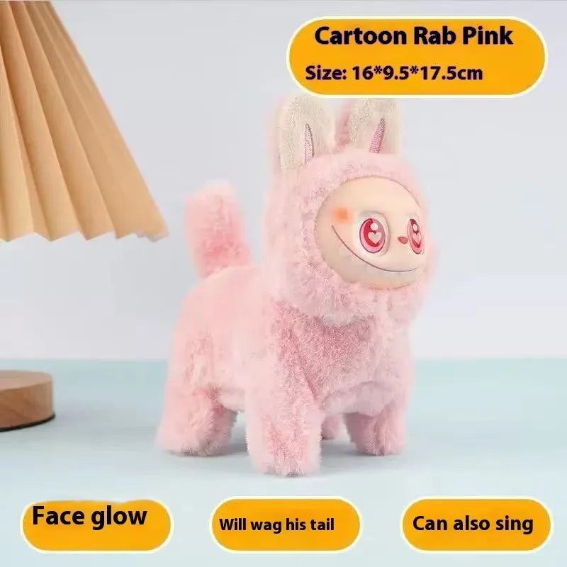 2025 Hot New Electric Labubu Dog Plush Cartoon Silicone Face Will Glow Walk And Sing Labubu Mount Children'S Toys Model Gift