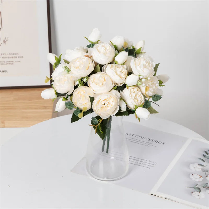 Flowers Fake Silk White Peonies