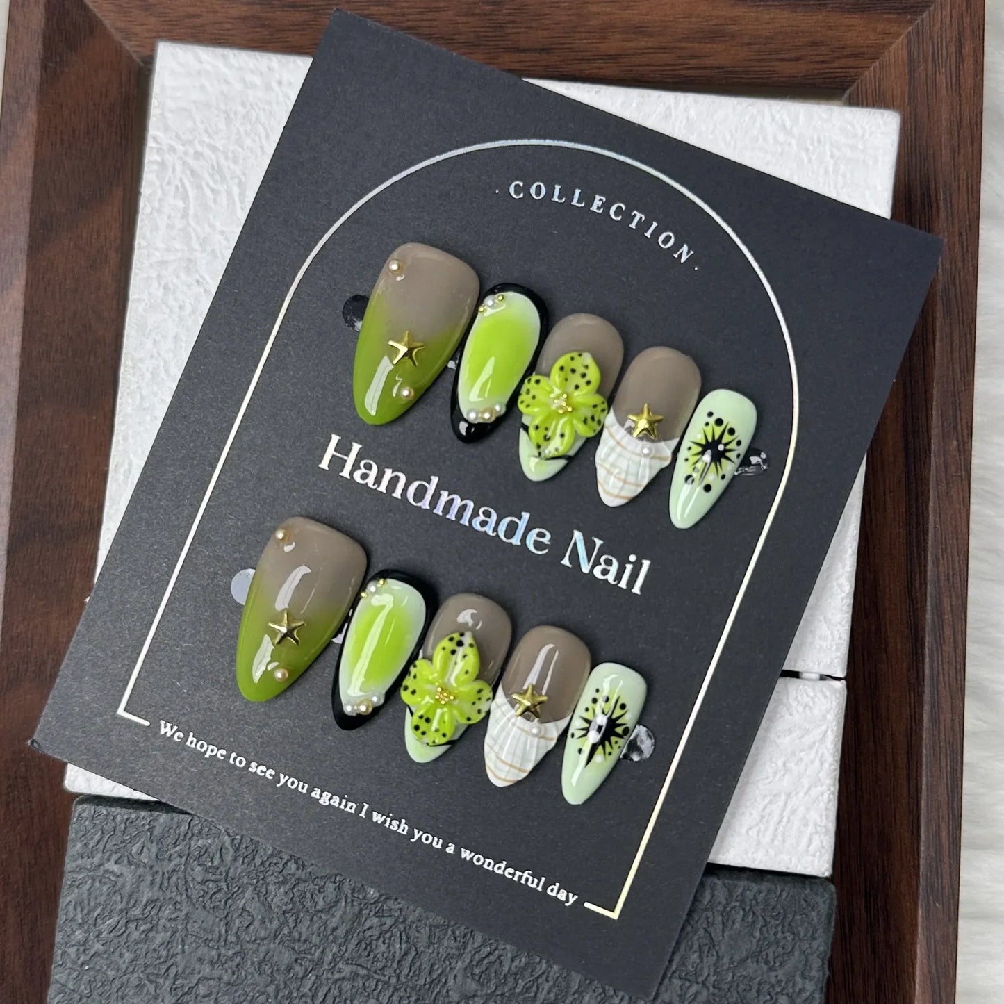 Gradient Green Floral Almond Nails