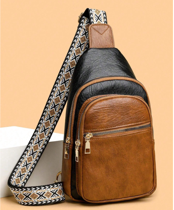 Colorblock Plaid Crossbody Bag - Black