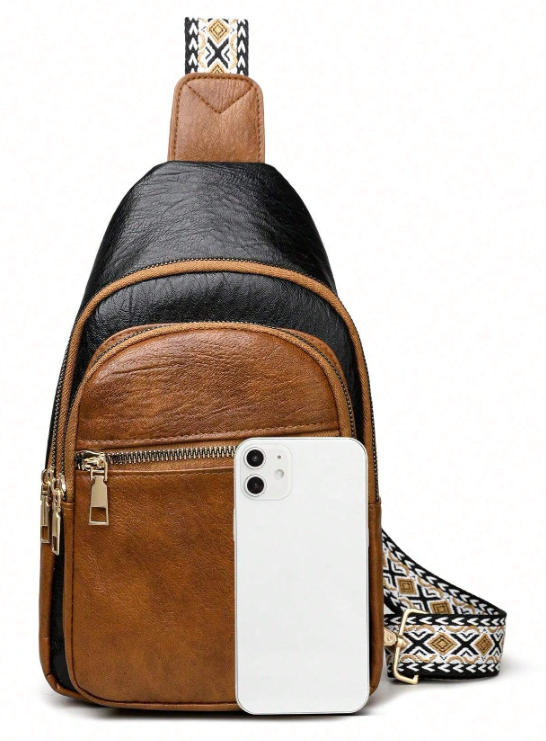 Colorblock Plaid Crossbody Bag - Black